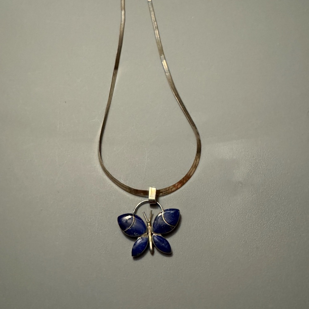 Lapis and Sterling silver butterfly with nice sterling herringbone chain 17 in - Picture 2 of 3